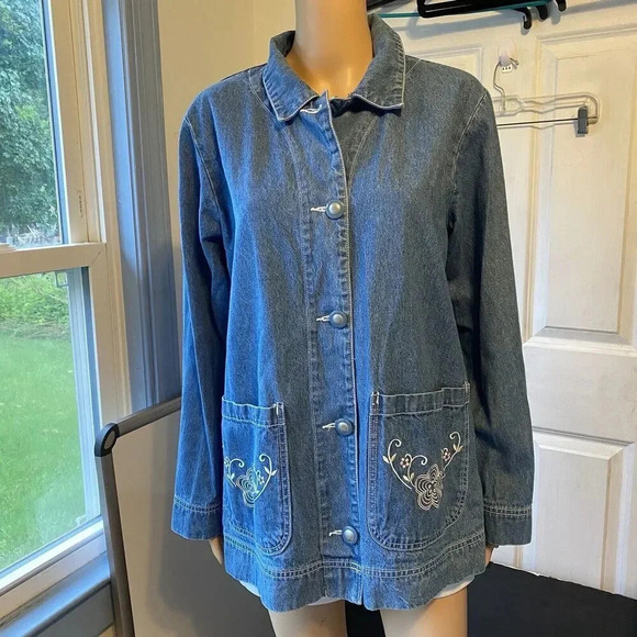 VTG Y2K Women’s Oversized M-XL TUDOR COURT Cotton Blue Denim Shirt Jacket Pocket - Picture 10 of 10